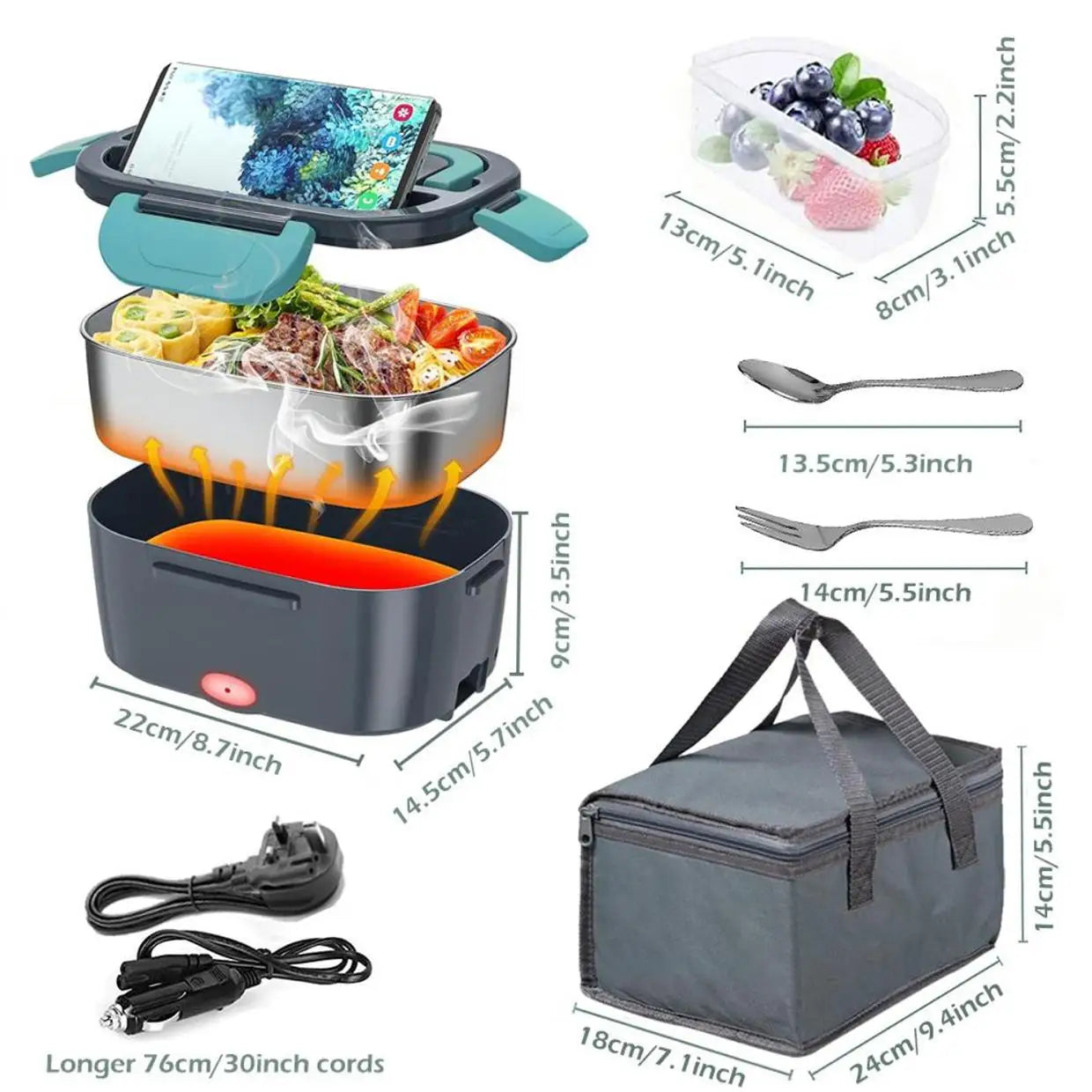 Elektryczne pudełko na lunch 1,5 l 60W - podgrzewacz jedzenia do samochodu lub domu, przenośne urządzenie grzewcze z uszczelnieniem zapobiegającym wyciekom i wkładem ze stali nierdzewnej
