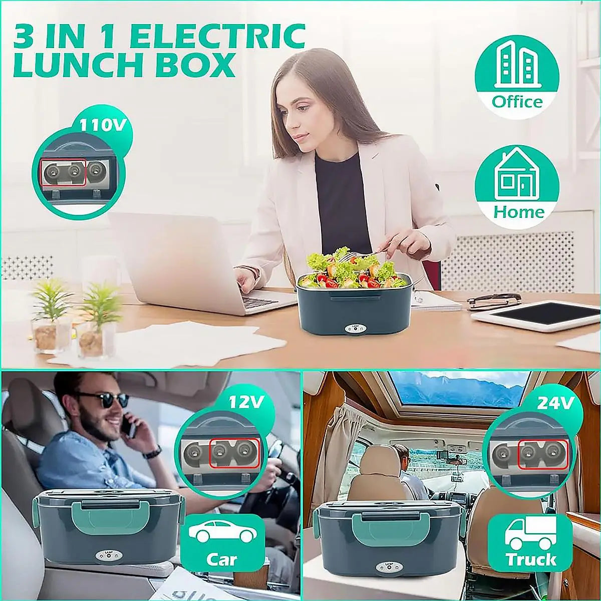 Elektryczne pudełko na lunch 1,5 l 60W - podgrzewacz jedzenia do samochodu lub domu, przenośne urządzenie grzewcze z uszczelnieniem zapobiegającym wyciekom i wkładem ze stali nierdzewnej