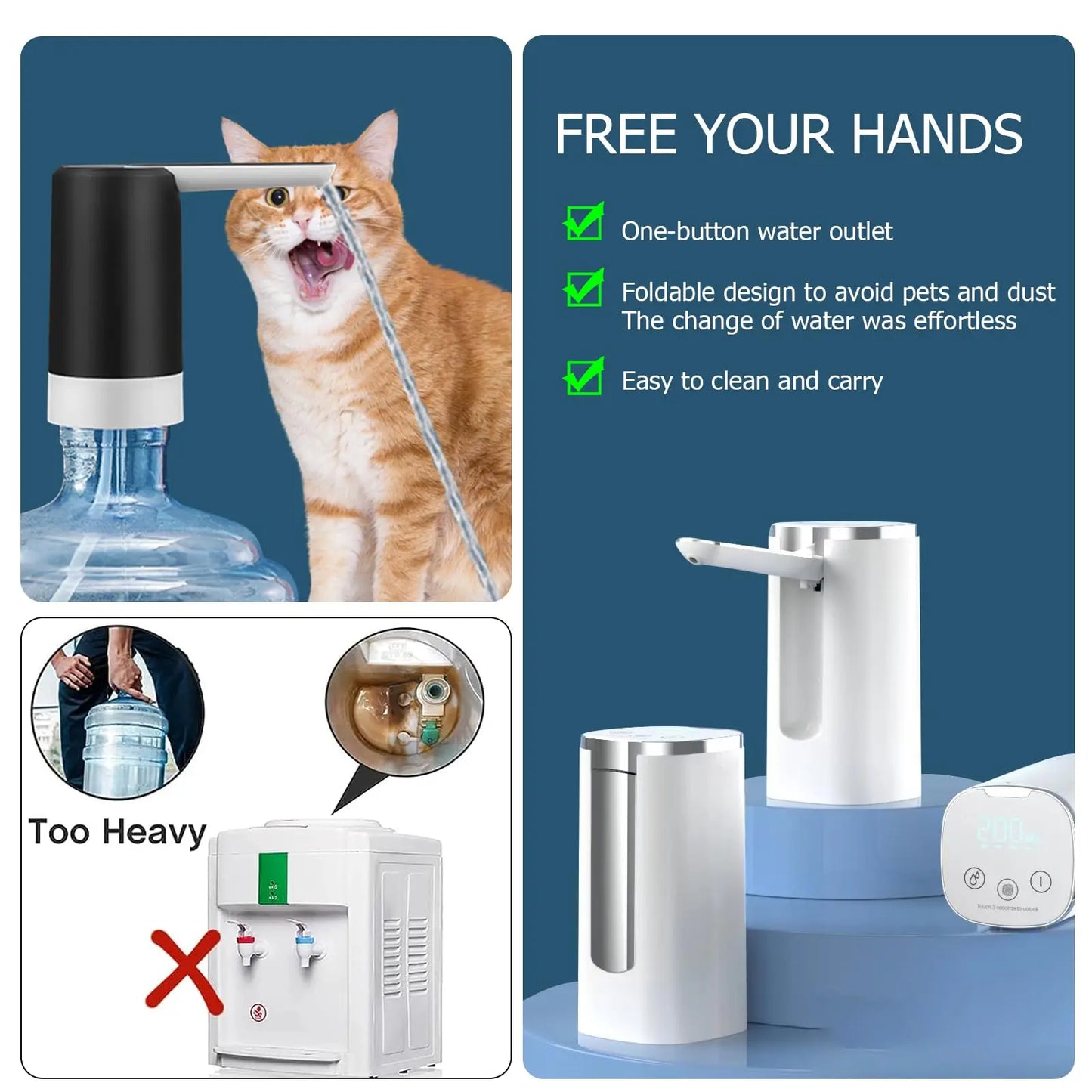 Uniwersalny Dozownik do Wody – Składana, Automatyczna Pompka z Wyświetlaczem | Przenośna Elektryczna Pompka do Butelek z Wodą