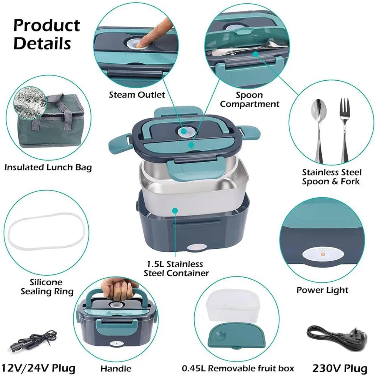 Elektryczne pudełko na lunch 1,5 l 60W - podgrzewacz jedzenia do samochodu lub domu, przenośne urządzenie grzewcze z uszczelnieniem zapobiegającym wyciekom i wkładem ze stali nierdzewnej